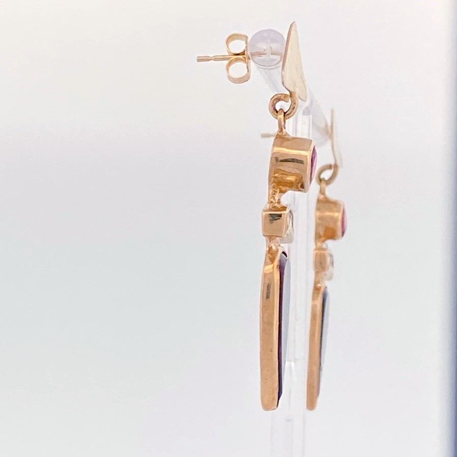 Unveiling a Duality of Beauty: 14k Yellow Gold Bi-Color Tourmaline &amp; Diamond Earrings (On Consignment)