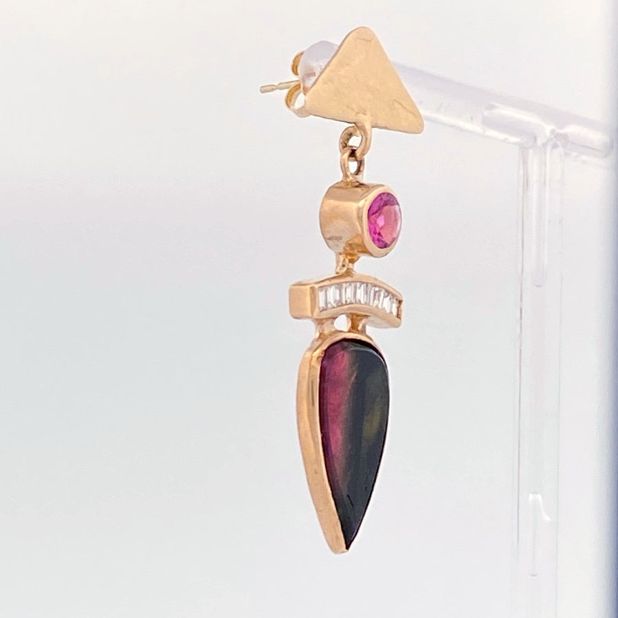 Unveiling a Duality of Beauty: 14k Yellow Gold Bi-Color Tourmaline &amp; Diamond Earrings (On Consignment)