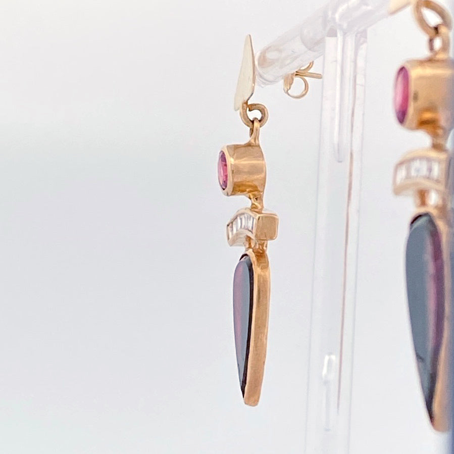 Unveiling a Duality of Beauty: 14k Yellow Gold Bi-Color Tourmaline &amp; Diamond Earrings (On Consignment)