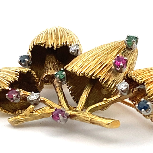 Mushroom Brooch with Diamonds, Rubies, Sapphires, and Emeralds in 18k