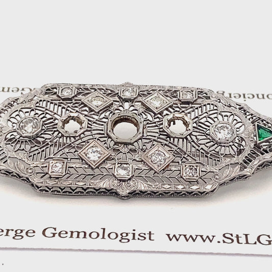 Antique Art Nouveau Brooch with Antique Cut Diamonds & Emeralds in 14k
